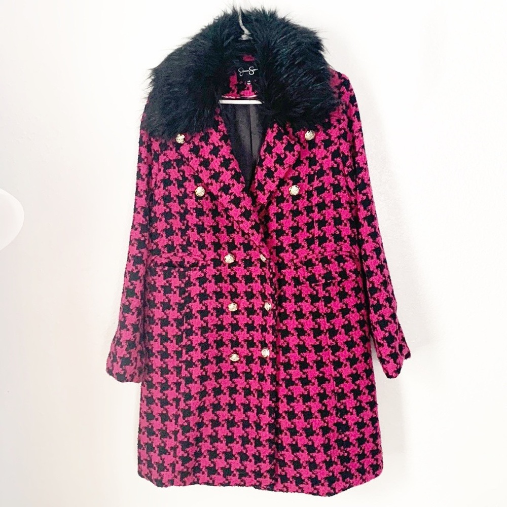 Jessica Simpson Pink and Black Houndstooth Jacket with Fur Collar